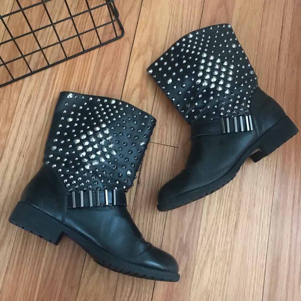 Black Leather Studded Combat Boots
